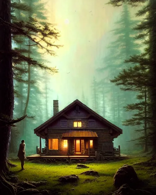 Image similar to a hyper - detailed 3 d render like an oil painting of cabin in the woods floating through space and time!!!!! surreal concept art, lifelike, photorealistic, digital painting, aesthetic, smooth, sharp focus, artstation hd, by greg rutkowski, bruce pennington, valentina remenar, rhads, asher duran,