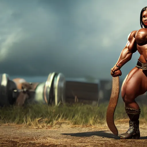Image similar to a handsome bodybuilder viking girl with african american, clash royal style characters, unreal engine 5, octane render, detailed, cinematografic, cinema 4 d, artstation trending