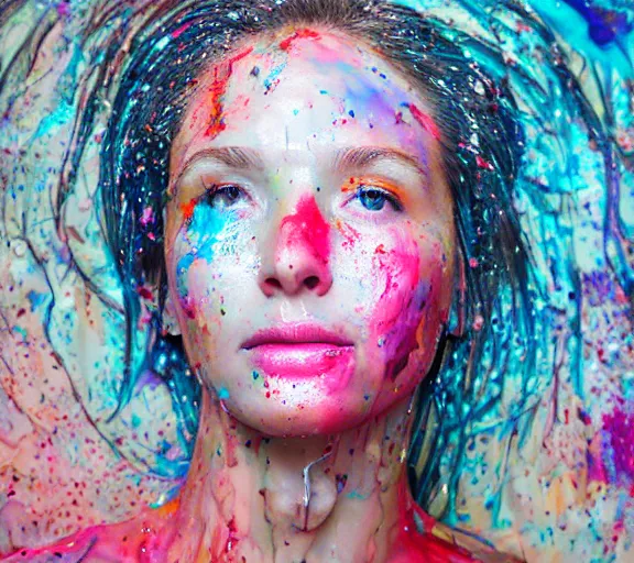 Image similar to still shot footage of a portrait of a female angel's head morphs into acrylic pour and coloured powder explosion and splashing paint and dripping paint and flying paint chunks, closing eyes, motion blur, hyperrealistic, medical, intricate art photography, hyperrealistic, anatomically correct, realistic crisp textures, 1 6 k