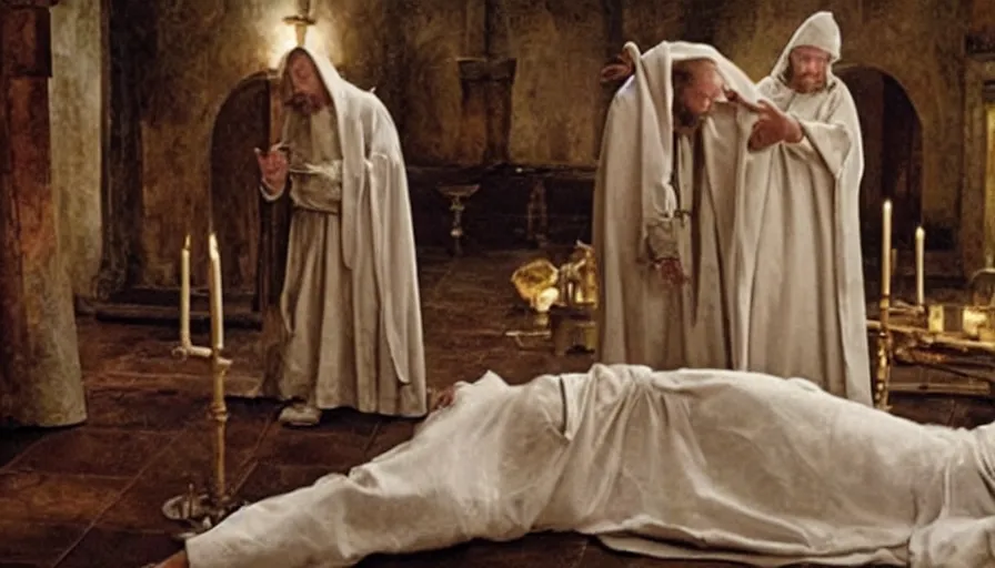 Image similar to Movie by Ridley Scott about an 16th century alchemist lab where a lavishly dressed necromancer priest is crucified