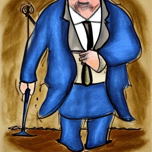 Prompt: A drawing of an overweight man in a blue pinstripe suit with a fancy cane standing on the bow of a pirate ship, drawn, dungeons and dragons, sketch, art, epic, high-quality