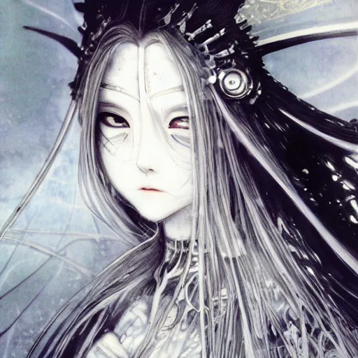 Image similar to Yoshitaka Amano blurred and dreamy illustration of an anime girl with wavy white hair and cracks on her face wearing Elden ring armour with the cape fluttering in the wind, abstract black and white patterns on the background, noisy film grain effect, highly detailed, Renaissance oil painting, weird portrait angle