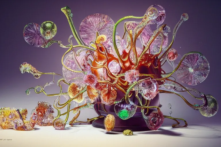 Image similar to ultradetailed flash photo of reailistic still life with jelly flowers by ernst haeckel, amano, caravaggio, roger dean and andrei tarkovsky, lovecraftian horror, slime, tentalces, wide angle, cinematic, octane render, bokeh, unreal engine, 4k 3d render