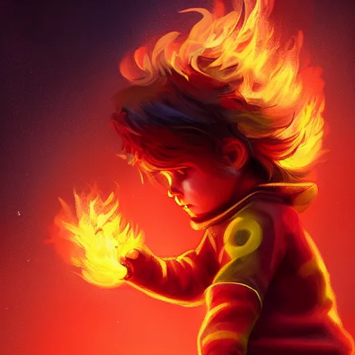 Image similar to colorful and festive captivating young child boy, brown long fluffy hair, wearing red and yellow hero suit, shooting a fire sphere out of his fist. full body, rich vivid colors, ambient lighting, dynamic lighting, 4 k, atmospheric lighting, painted, intricate, highly detailed by charlie bowater