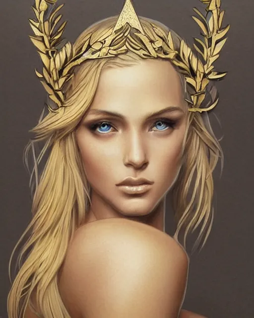 Image similar to tattoo design sketch of hot blonde super model as aphrodite greek goddess wearing a gold laurel wreath and triangle earrings, beautiful piercing gaze with sharp pupils, in the style of greg rutkowski, fantasy, amazing detail, epic, elegant, smooth, sharp focus, front view