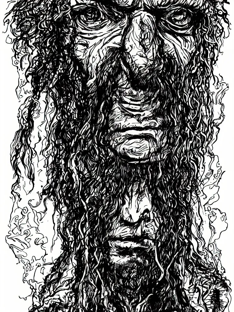 Prompt: face portrait of a shaman with a big nose and curly black hair, hand drawn illustration, ink and marker, by sergio toppi