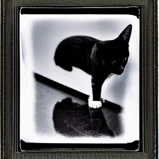 Image similar to wide-shot very low-angle eyesight first-person reflection of a cat in the puddle, polaroid photo, by Andy Warhol, signed