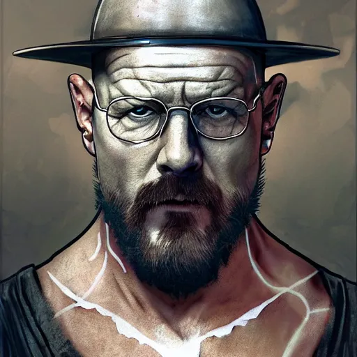 Image similar to Heisenberg as Kratos, highly detailed, digital painting, artstation, concept art, smooth, sharp focus, illustration, ArtStation, art by artgerm and greg rutkowski and alphonse mucha and J. C. Leyendecker and Edmund Blair Leighton and Katsuhiro Otomo and Geof Darrow and Phil hale and Ashley wood and Ilya repin and Charlie Bowater