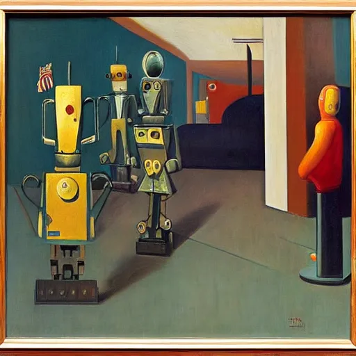 Prompt: robots stage a rebellion, grant wood, pj crook, edward hopper, oil on canvas
