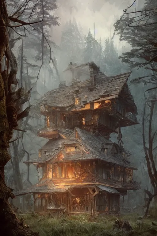 Image similar to a ramshackle multistory hut in the woods, well armored, intricate, elegant, fantasy, highly detailed, digital painting, concept art, sharp focus, illustration, beautiful volumetric lighting, artstation, art by artgerm and greg rutkowski