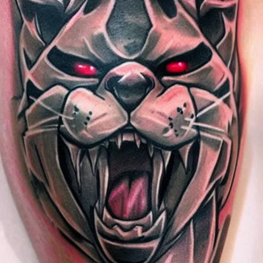 Image similar to a tatoo of rengar from league of legends,