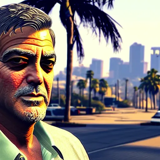 Prompt: george clooney in gta v. los santos in background, palm trees. shallow depth of field 1. 8 in the art style of stephen bliss