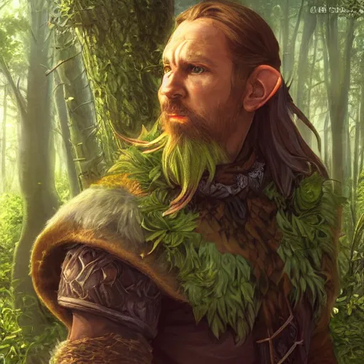 Image similar to dnd character concept portrait, angry male elf druid in forest, detailed, high quality, dynamic lighting, fantasy, artwork by artgerm, wlop, alex ross, greg rutknowski, alphonse mucha