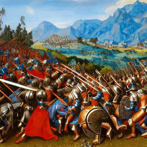Prompt: wideshot of a medieval battle in front of a beautiful blue mountainscape, painting