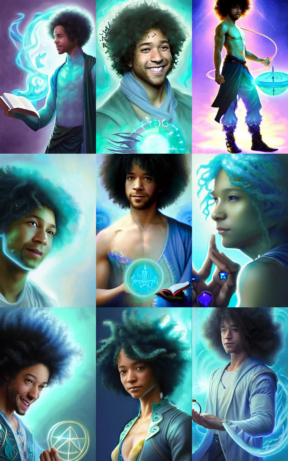 Prompt: character concept portrait of happy Corbin Bleu as turquoise-haired wizard enchanting an iridescent rune, a floating spell book in the center, intricate, elegant, digital painting, concept art, smooth, sharp focus, illustration, from Metal Gear, by Ruan Jia and Mandy Jurgens and William-Adolphe Bouguereau, Artgerm