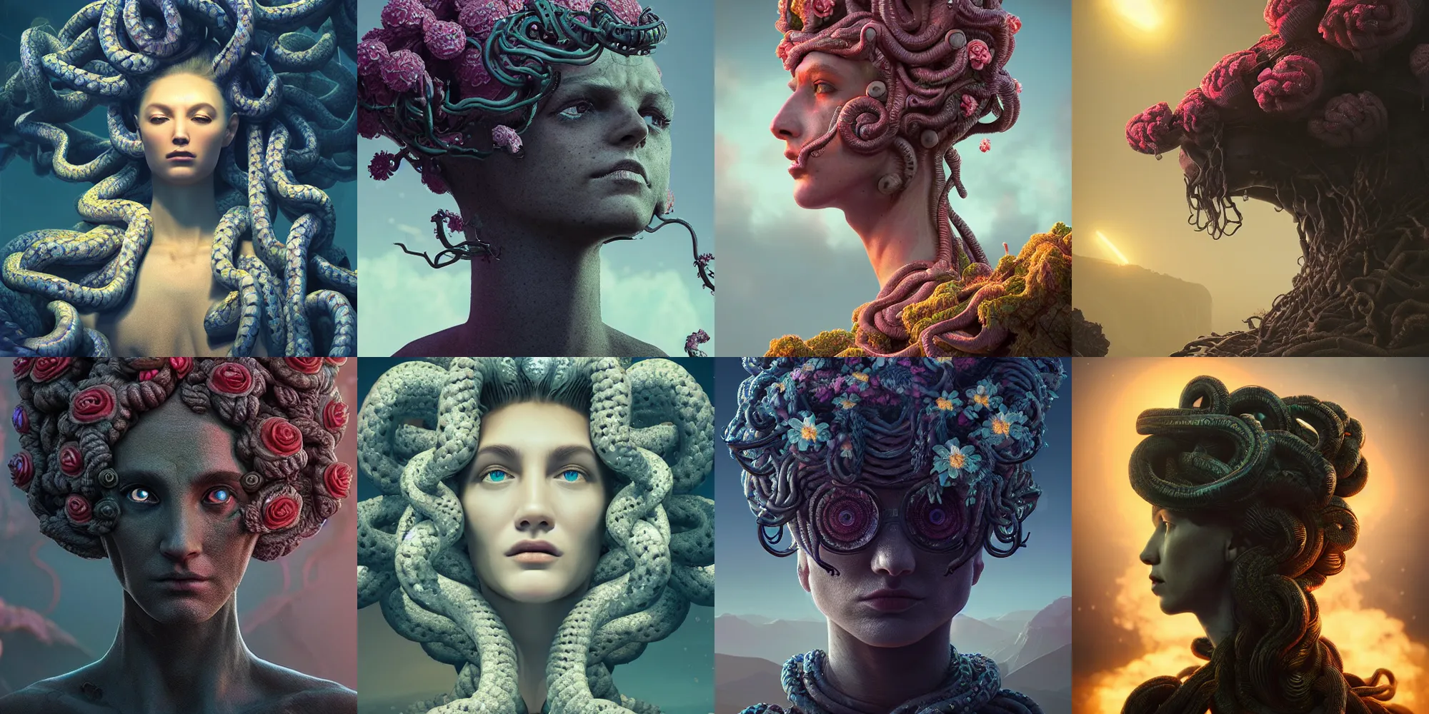 Image similar to beautiful dark landscape, highly detailed medusa gorgon head, beautiful flowers growing in the style of beeple and mike winkelmann, intricate, epic lighting, cinematic composition, hyper realistic, 8 k resolution, unreal engine 5,
