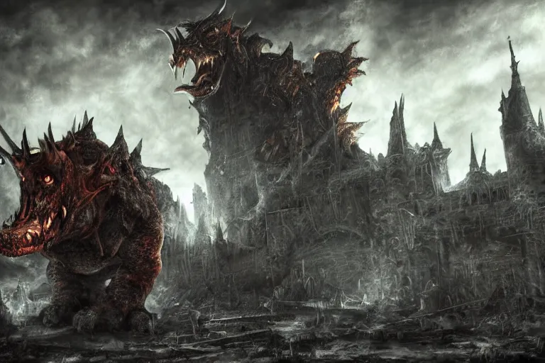 Image similar to concept art of bowser with huge horns and scales and talons in a ruined kingdom, resident evil, horror, occult, terror, mist, volumetric render, digital painting, detailed painting