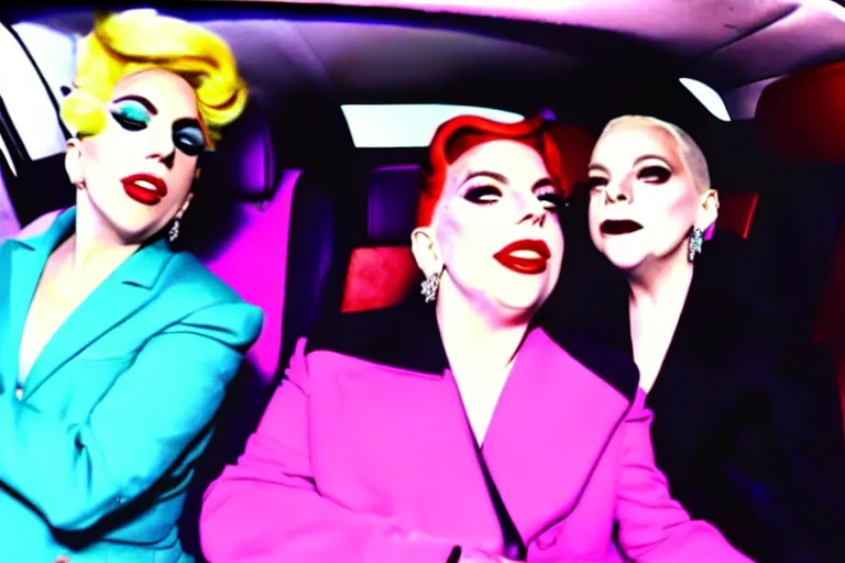 Image similar to lady gaga and judy garland doing carpool karaoke, lady gaga and judy garland, carpool karaoke, lady gaga, judy garland, carpool karaoke, youtube video screenshot, the late late show with james corden