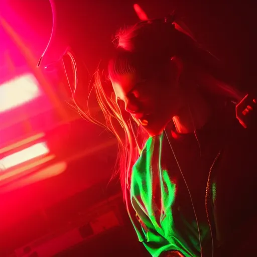 Image similar to Grimes DJing onstage playing with a synthesizer, neon, lambent lighting with vivid and radiant colors, 35mm photography, volumetric lighting, trending on artstation, artstationHD, artstationHQ, 4k, 8k.