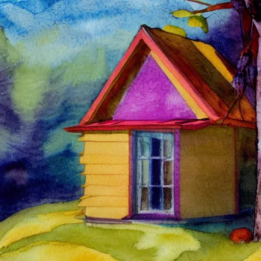 Image similar to small wooden house in the middle of spring forest, bright colours, watercolor, volumetric wool felting, macro photography, children illustration, by edward hopper