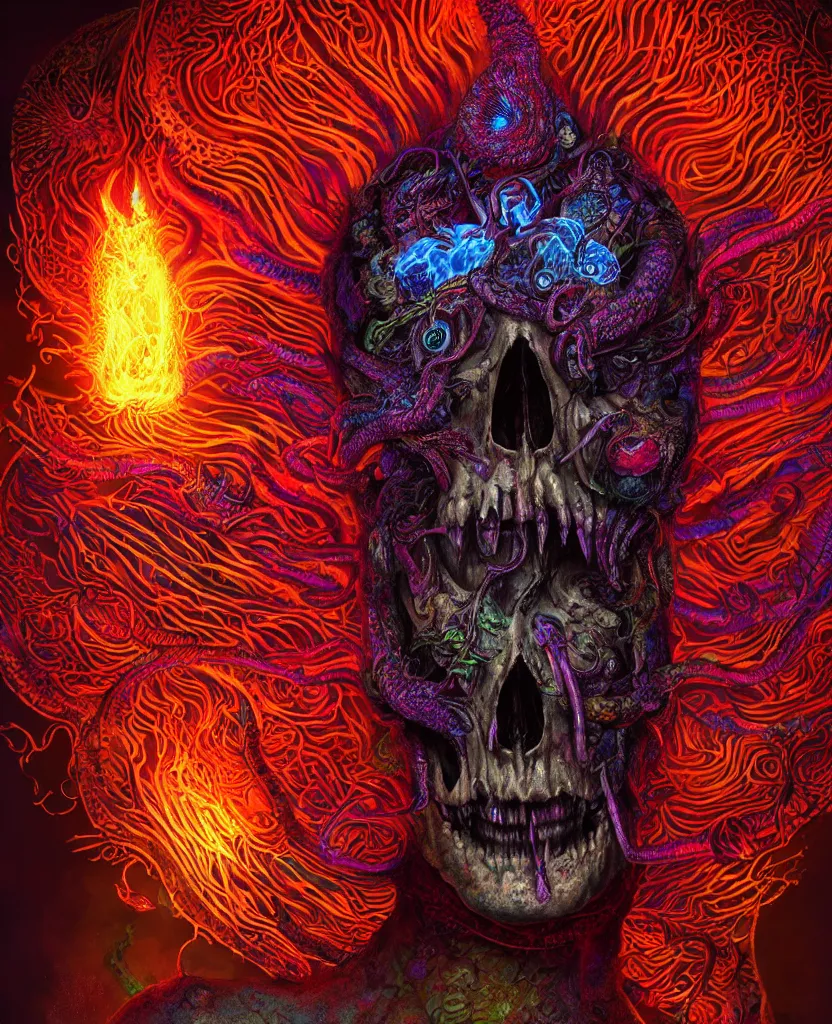 Image similar to psychedelic shaman close-up portrait. amanita muscaria phoenix head, nautilus, insect, skull, ice and fire, bioluminiscent creatures, intricate artwork by Tooth Wu and wlop and beeple. octane render, trending on artstation, greg rutkowski very coherent symmetrical artwork. cinematic, hyper realism, high detail, octane render, 8k