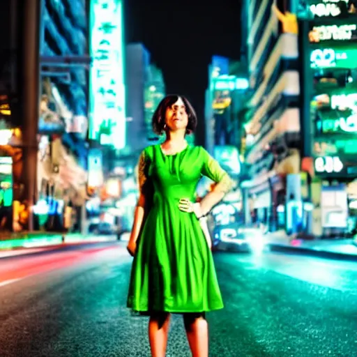 Image similar to a beautiful woman in a green dress standing on a bustling cyberpunk city street at night