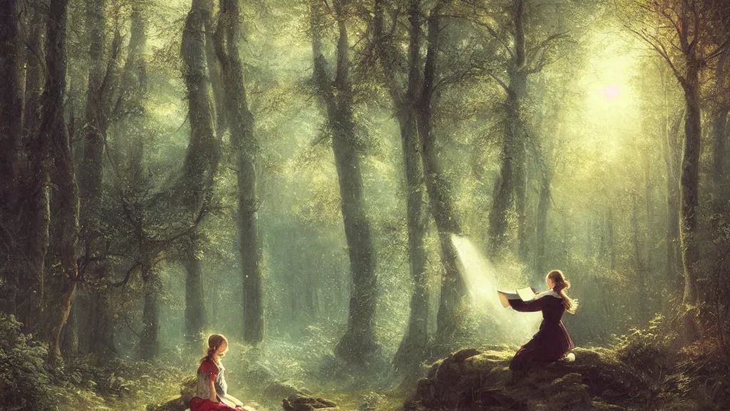 Image similar to girl reading on stump in the magical forest. andreas achenbach, artgerm, mikko lagerstedt, zack snyder, tokujin yoshioka, impressionist