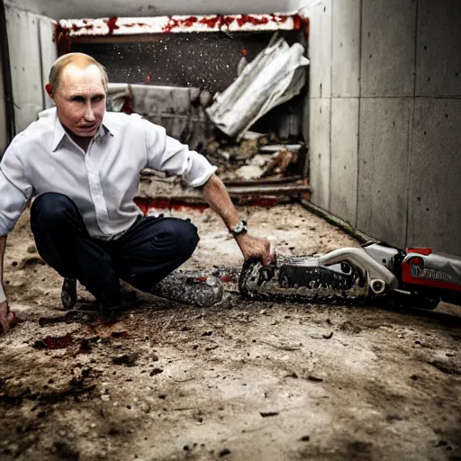 Image similar to putin with a chainsaw and a corpse. in a concrete bunker. focus on putins face with blood splatters. canon eos r 3, f / 1. 4, iso 1 6 0 0, 1 / 8 0 s, 8 k, raw, grainy