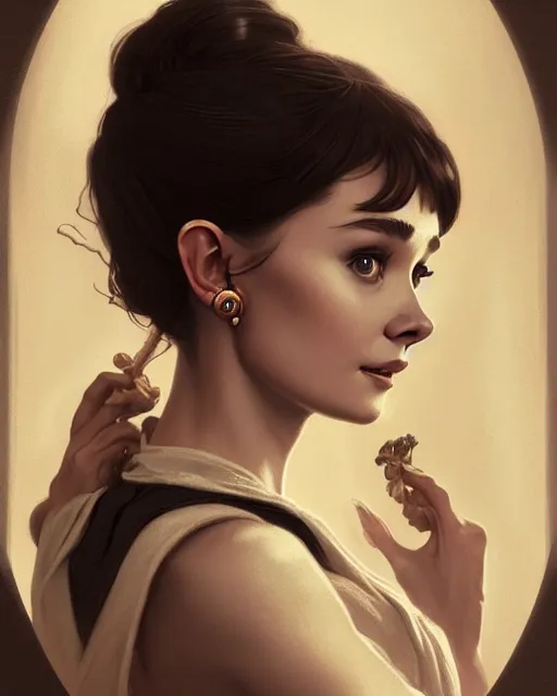 Image similar to photography of young audrey hepburn, deep focus, d & d, fantasy, intricate, elegant, highly detailed, digital painting, artstation, concept art, matte, sharp focus, illustration, hearthstone, art by artgerm and greg rutkowski and alphonse mucha