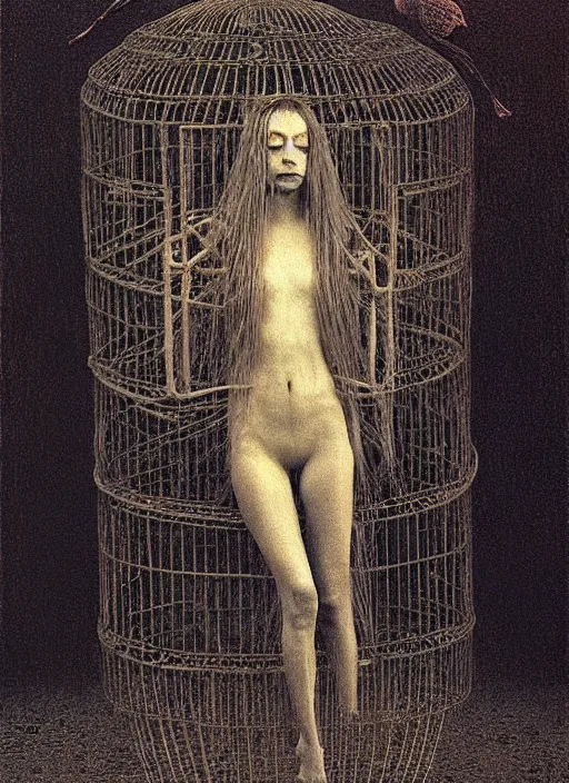 Prompt: girl with long hairs inside birdcage by Beksinski