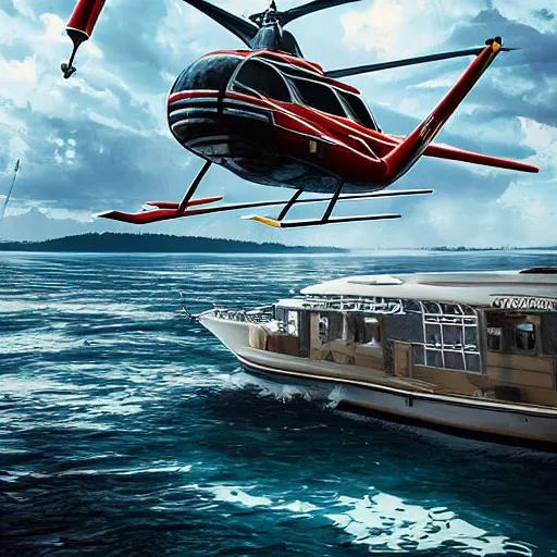 Prompt: rv mobile home boat helicopter, digital art, 3 d high definition, trending on artstation, photorealistic, high resolution, 8 k, octane, hyper detailed, trending on deviantart insane details, intricate, elite, ornate, elegant trend, highly detailed and intricate, sharp focus, photography, unreal engine