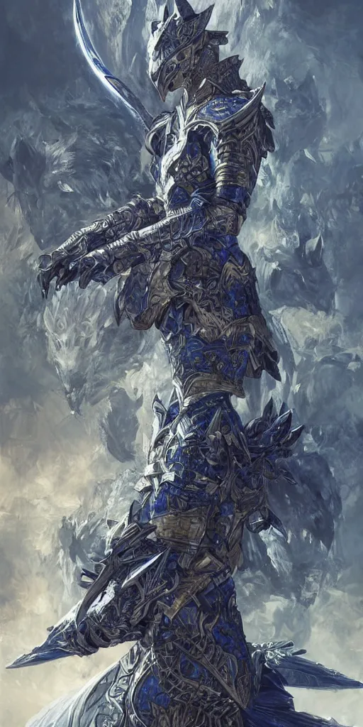 Image similar to Fantasy knight wearing an intricate azure wolf themed full plated armor, moonlit, HD, illustration, epic, D&D, fantasy, intricate, elegant, highly detailed, digital painting, artstation, concept art, smooth, sharp focus, illustration, art by artgerm and greg rutkowski and alphonse mucha, monster hunter illustrations art book