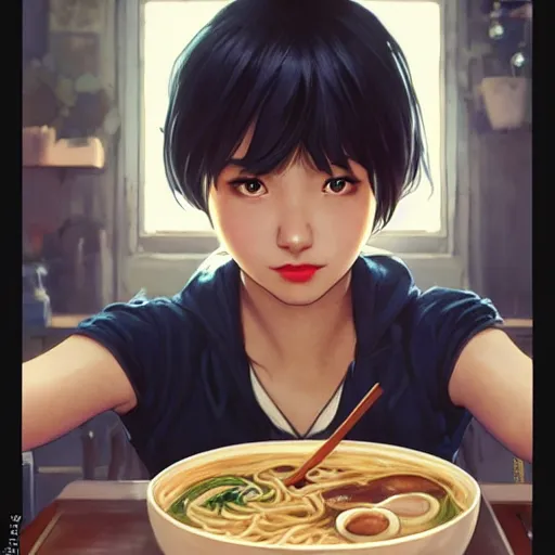 Prompt: cassandra cain as a college student, eating ramen, bokeh, beautiful face!!!!, 2 7 years old, cg animation, lifelike, animated, realistic, character select portrait, by artgerm, greg rutkowski, alphonse mucha, 3 d