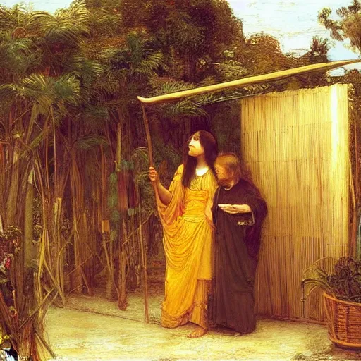 Image similar to father and son hold a lulav and citron in a sukkah, golden hour, painting by john william waterhouse, highly detailed