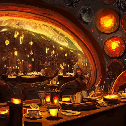 Image similar to The restaurant at the end of the universe. Dramatic setting, intricate art, trending on artstation