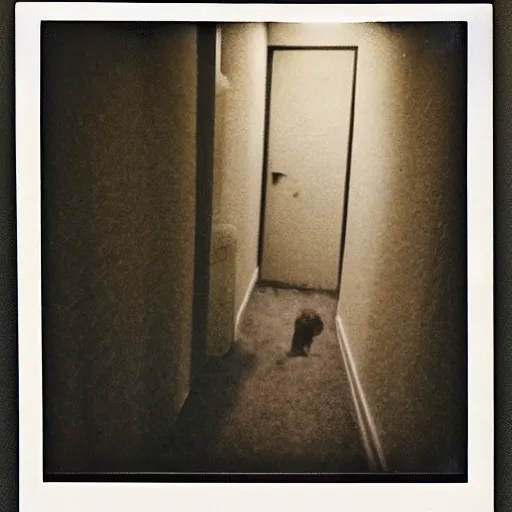 Prompt: a terrifying monster at the end of a hallway, dark!, creepy, deer skull, nightmare fuel!!!, unsettling, uncanny valley!, old polaroid, expired film,