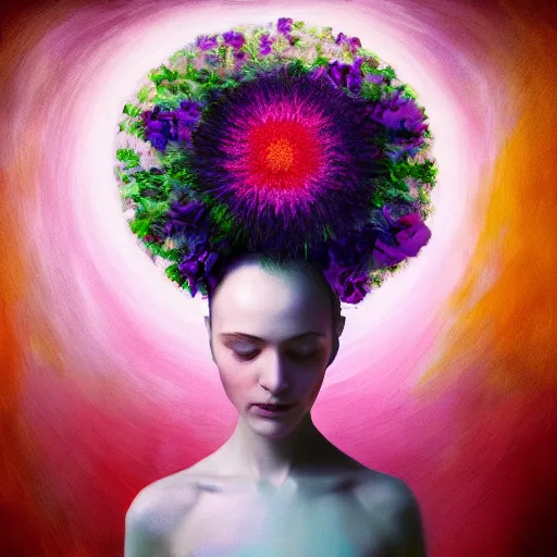 Image similar to huge flower as head, woman standing in a luxury apartment, surreal photography, dramatic light, impressionist painting, digital painting, artstation, georgia o'keeffe