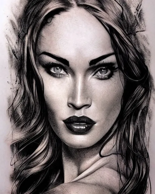 Image similar to realism tattoo design sketch of megan fox blended with beautiful mountain scenery, in the style of dan mountford, double exposure photography, hyper realistic, amazing detail, black and white