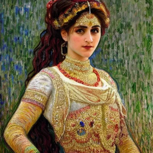 Image similar to full body portrait of a beautiful Kurdish bride wearing a beautiful wedding dress, very detailed eyes, hyperrealistic, beautiful and symmetrical face, very detailed painting by Claude Monet and Alphonse Mucha, trending on artstation, extremely high detail, incredibly intricate