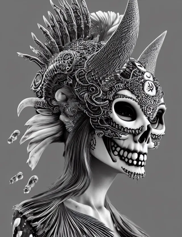 Image similar to 3 d goddess close - up profile simple portrait punk skull with mohawk with ram skull. beautiful intricately detailed japanese crow kitsune mask and clasical japanese kimono. betta fish, jellyfish phoenix, bio luminescent, plasma, ice, water, wind, creature, artwork by tooth wu and wlop and beeple and greg rutkowski