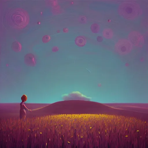 Image similar to giant daisy as a head, girl walking in wheat field, hills, surreal photography, dark night, star trails, dramatic light, impressionist painting, clouds, digital painting, artstation, simon stalenhag