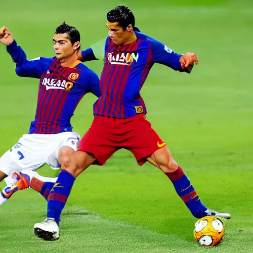 Prompt: Cristiano Ronaldo and Lionel Messy playing together in FC Barcelona. Realistic.