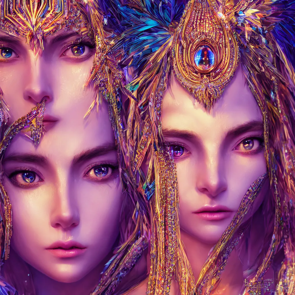 Image similar to close up face portrait highly detailed beautiful symmetrical face high priestess intricate elegant detailed crystal jewellery with tribal feathers, lush colourful volumetric lighting, anime digital painting, concept art, smooth, sharp focus 3 d, divine realm of gods, realistic cinematic style, octane render, photographic, unreal engine 8 k