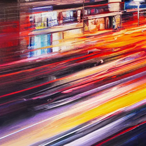 Image similar to abstract oil painting of a long exposure of a busy street