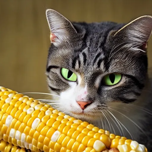 Image similar to low resolution photograph of a cat eating corn on the cob