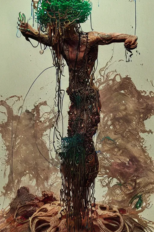 Image similar to epic 3 d oxossi, ifa deity, liquid hands and feet spinning, 2 0 mm, with brown and green water melting smoothly into herbs and wooden contraptions, fierce, animalistic, intricate, houdini sidefx, trending on artstation, by jeremy mann and ilya kuvshinov, jamie hewlett and ayami kojima, 3 d bold