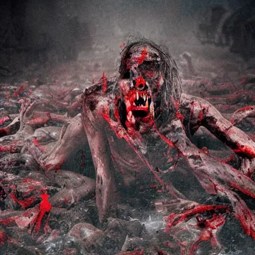 Image similar to demon eating man flesh on a huge pile of dead bloody bodies, rivers of blood running down, black ground, black sky, red sun