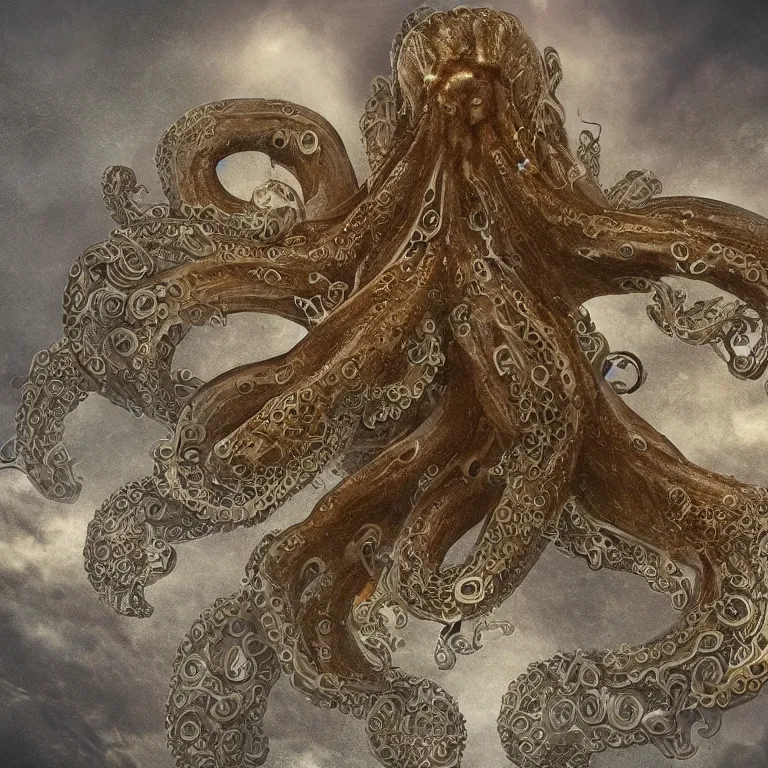 Prompt: a dramatic and beautiful digital matte painting of large realistic octopus with legs made of fractal celtic knots, trending on cgartist, hi-fructose, mandala, ultra detailed 8k