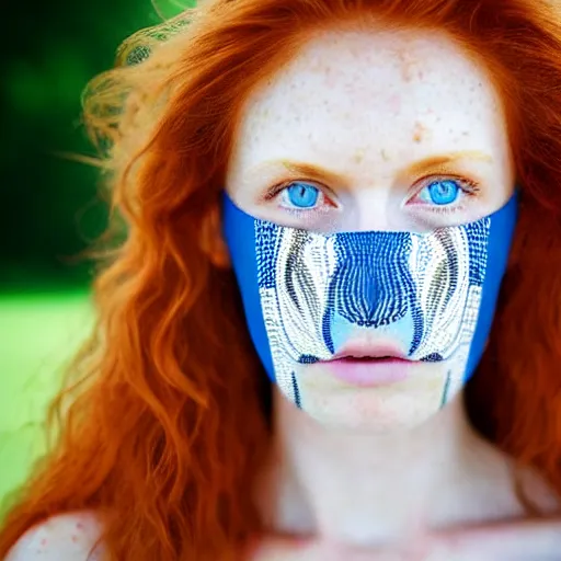 Prompt: close up half-face portrait photograph of a ginger woman with deep blue eyes. Wavy long hair. she looks directly at the camera. Slightly open mouth, face covers half of the frame, with a park visible in the background. 135mm nikon. Intricate. Very detailed 8k. Sharp. Cinematic post-processing. Award winning portrait photography