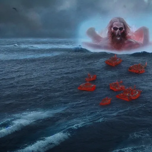 Image similar to anti - christ rising from a red ocean with boats. ominous. vivid color detailed photograph from a 2 0 2 0 s blockbuster vfx horror movie.